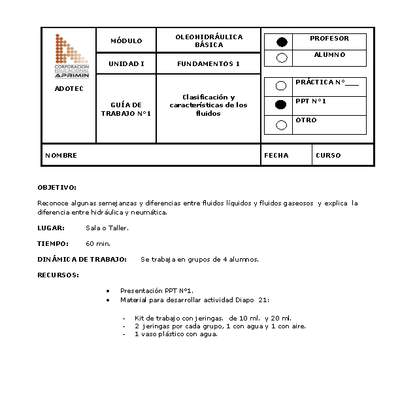 Guía de trabajo del docente Oleo-hidráulica, clasificación y características de los fluidos.