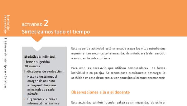 Sugerencia para el profesor: Actividad 2: Sintetizamos todo el tiempo