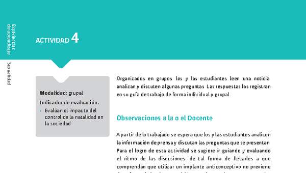 Sugerencia para el profesor: Actividad 4. Maternidad y paternidad responsable