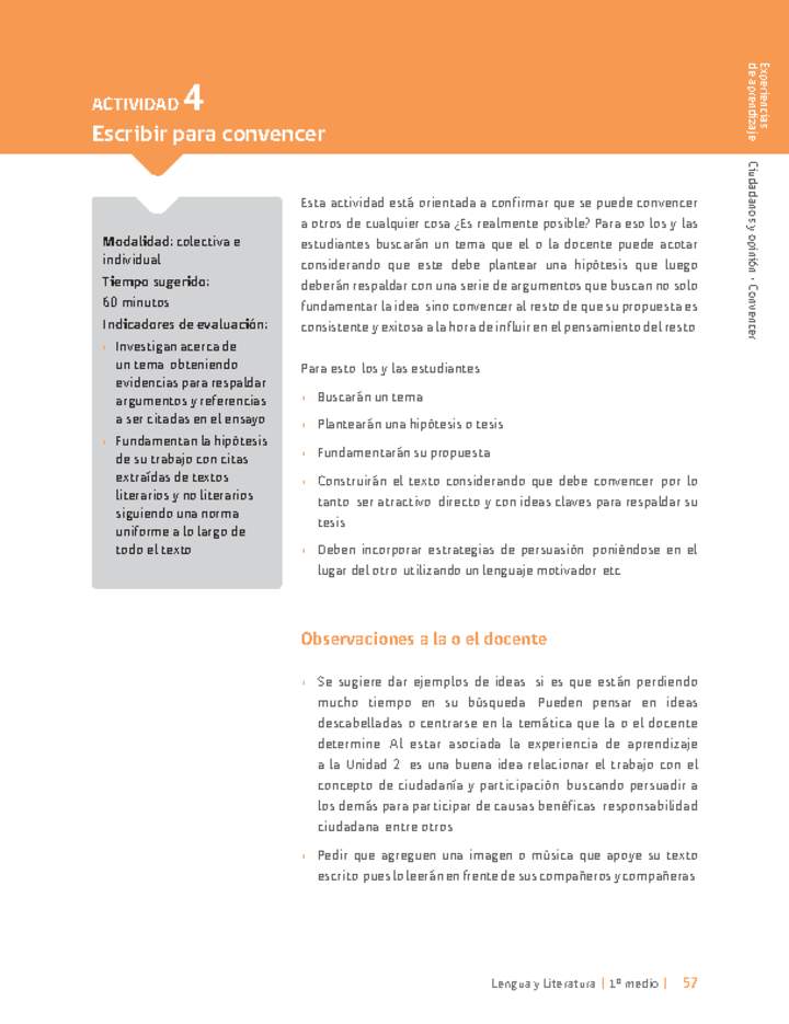 Sugerencia para el profesor: Actividad 4: Escribir para convencer