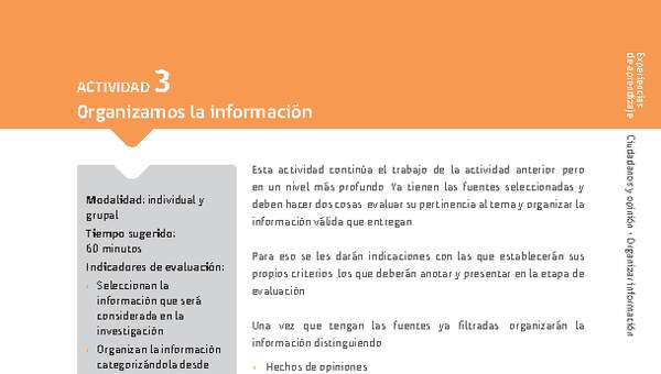 Sugerencia para el profesor: Actividad 3: 0rganizamos la información