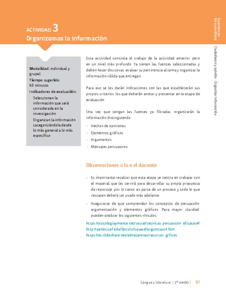 Sugerencia para el profesor: Actividad 3: 0rganizamos la información