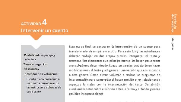 Sugerencia para el profesor: Actividad 4: Intervenir un cuento