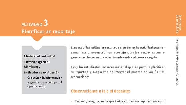 Sugerencia para el profesor: Actividad 3: Planificar un reportaje