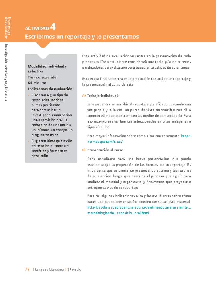 Sugerencia para el profesor: 4: Escribimos un reportaje y lo presentamos