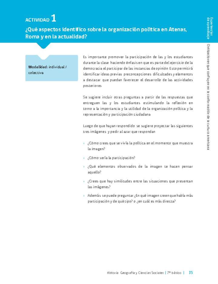 Sugerencia para el profesor: Actividad 1: ¿Qué aspectos identifico sobre la organización política en Atenas, Roma y en la actualidad?