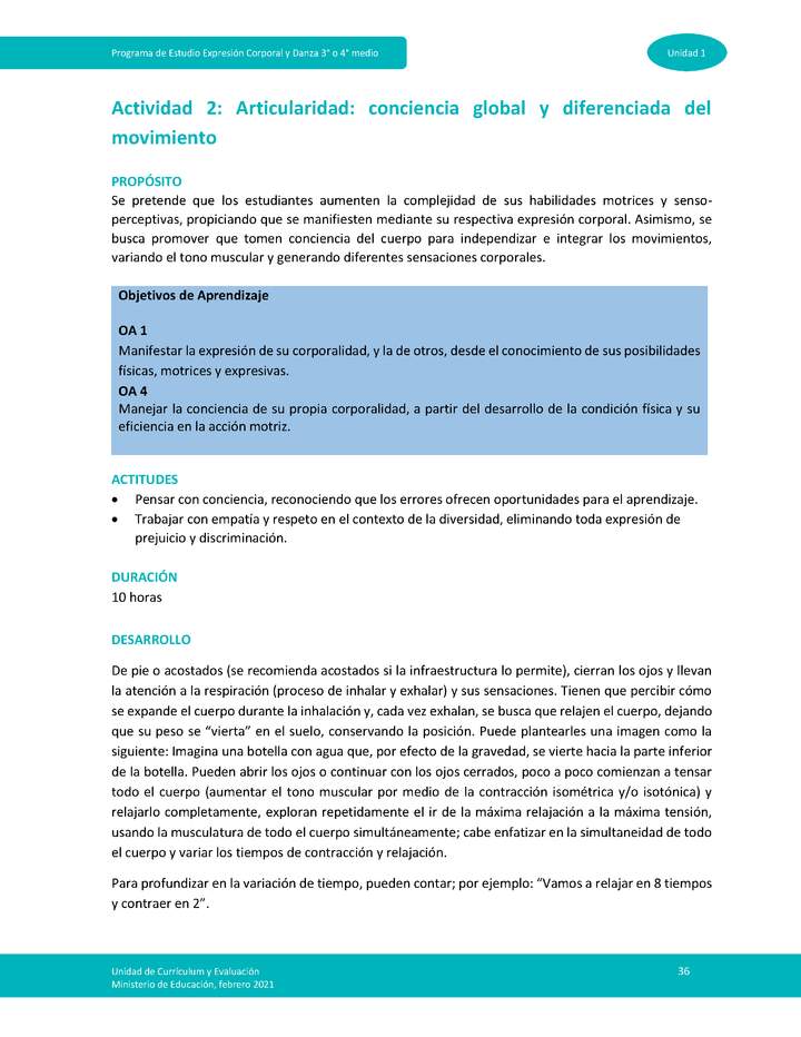 Actividad 2: Articularidad: conciencia global y diferenciada del movimiento