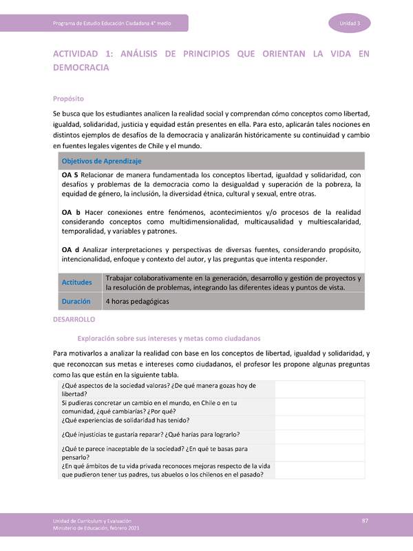 Actividad 1: Análisis de principios que orientan la vida en democracia