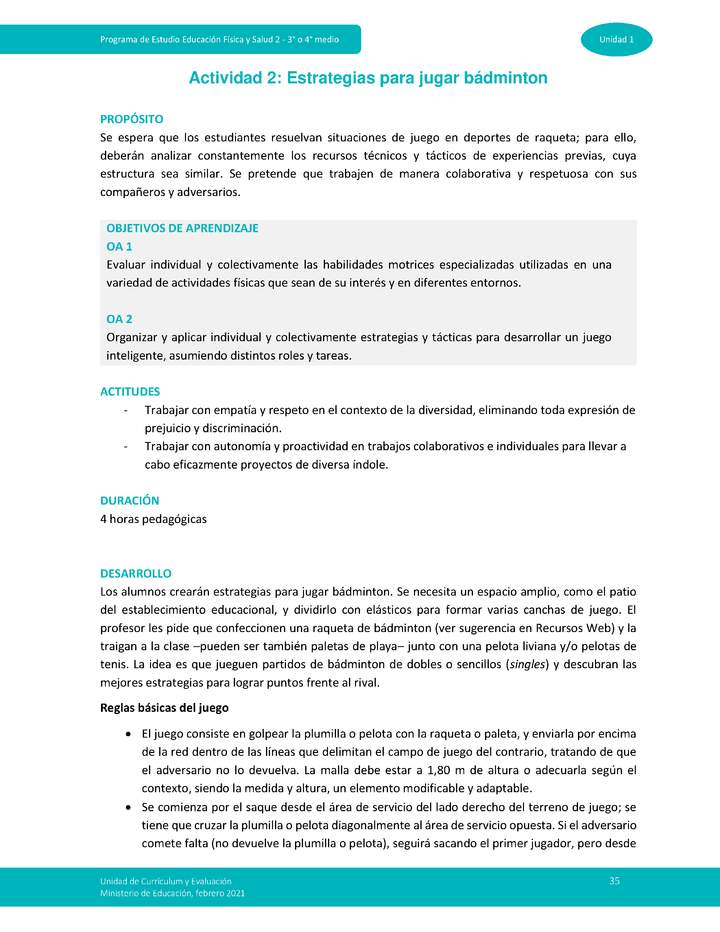 Actividad 2: Estrategias para jugar Bádminton