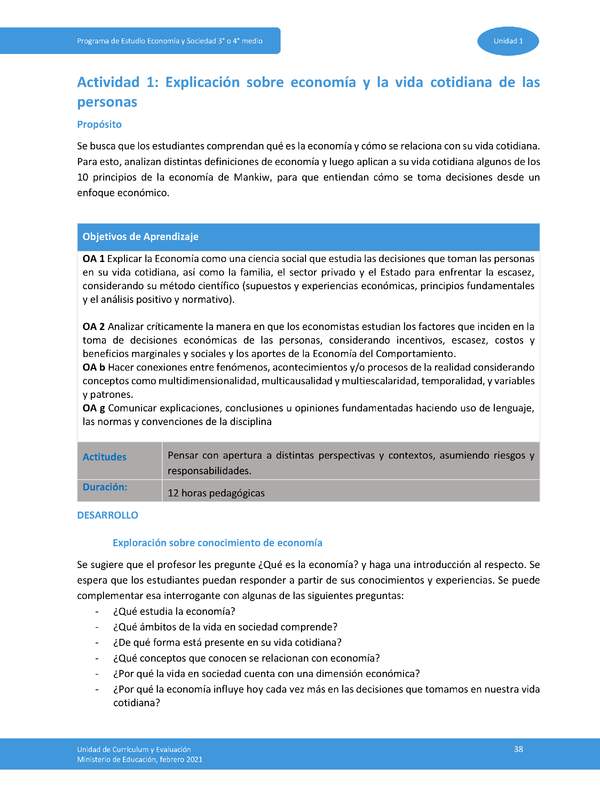 Actividad 1: Explicación sobre economía y la vida cotidiana de las personas