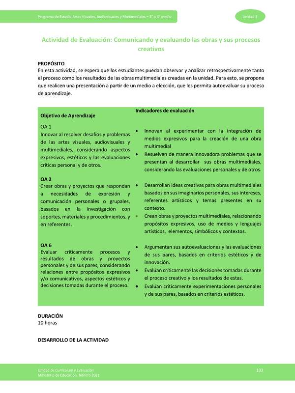 Actividad de evaluación: Comunicando y evaluando las obras y sus procesos creativos