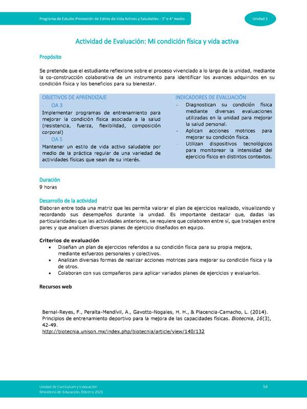 Actividad de evaluación Unidad 2: Mi condición física y vida activa