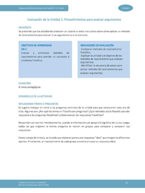 Actividad de evaluación: Procedimientos para evaluar argumentos