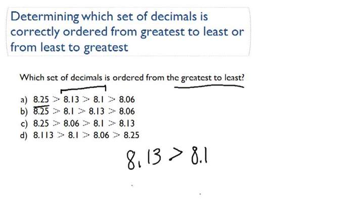 Determinar qué conjunto de decimales se ordena correctamente por valor Determinar qué conjunto de decimales se ordena correctamente por valor