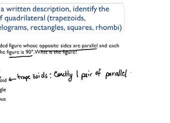 Identificación de cuadriláteros dada una descripción escrita (trapezoides, paralelogramos, rectángulos, cuadrados, rombos)