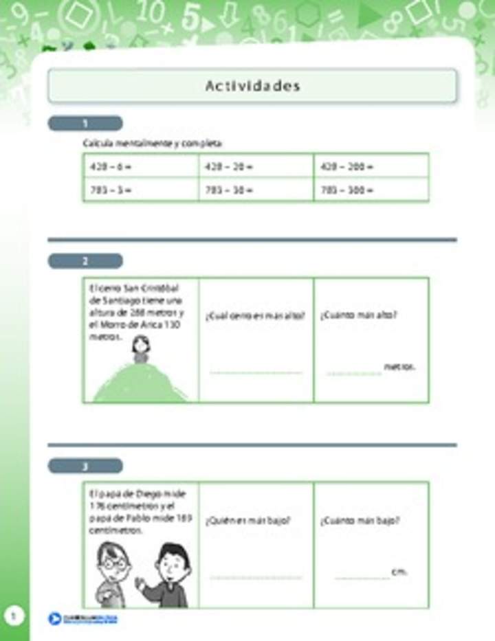 Resolución de problemas que involucra comparar y sustraer números naturales de tres dígitos