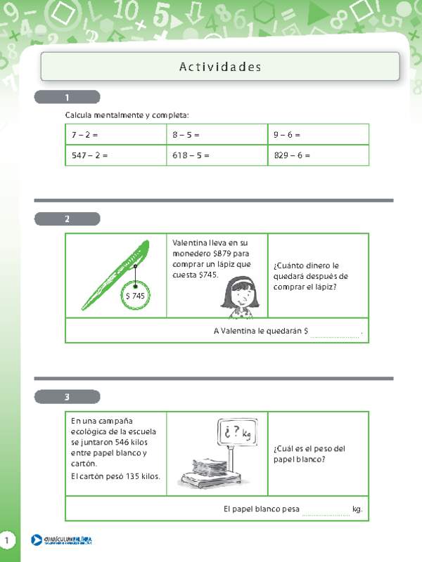 Resolución de problemas que involucra sustracción de números naturales de tres dígitos 1