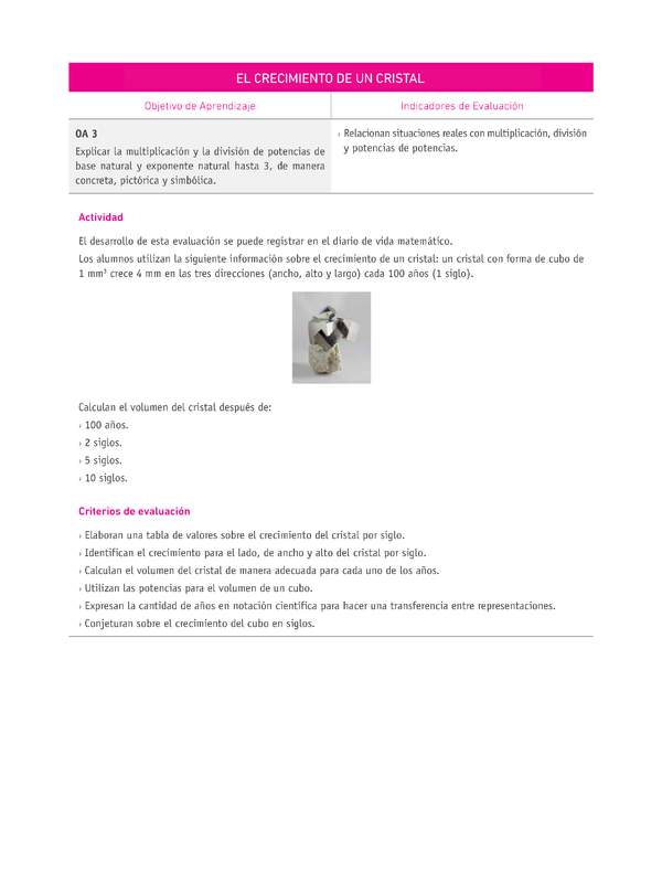 Evaluación Programas - MA08 OA03 - U1 - EL CRECIMIENTO DE UN CRISTAL