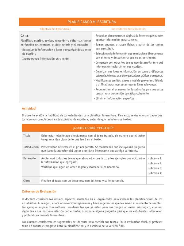 Evaluación Programas - LE08 OA16 - U1 - PLANIFICANDO MI ESCRITURA