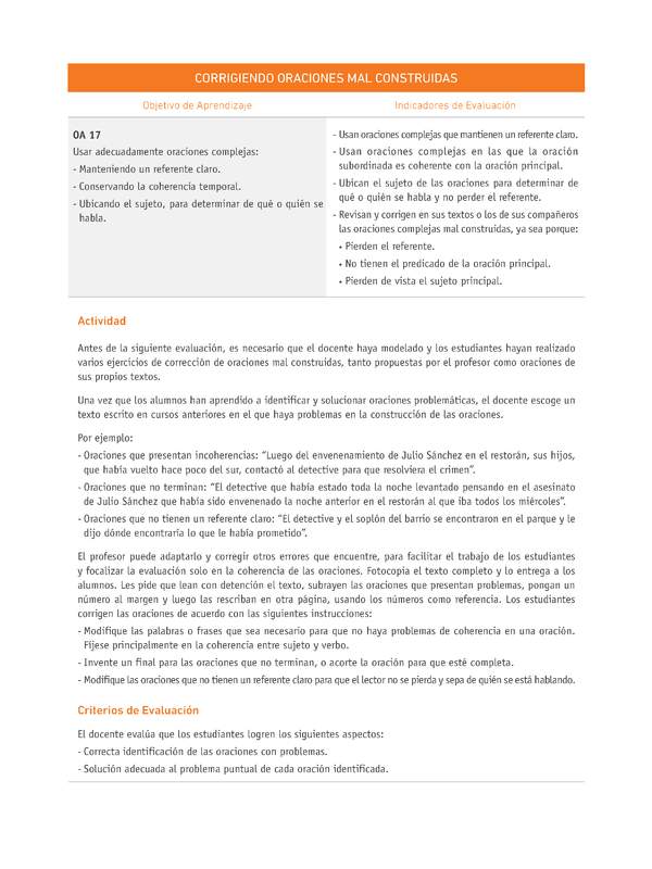 Evaluación Programas - LE08 OA17 - U3 - CORRIGIENDO ORACIONES MAL CONSTRUIDAS