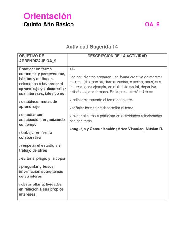 Actividad sugerida: Orientación 5° básico  OA09 Actividad 14