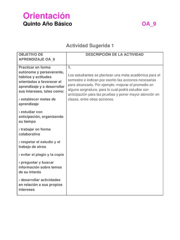 Actividad sugerida: Orientación 5° básico  OA09 Actividad 1