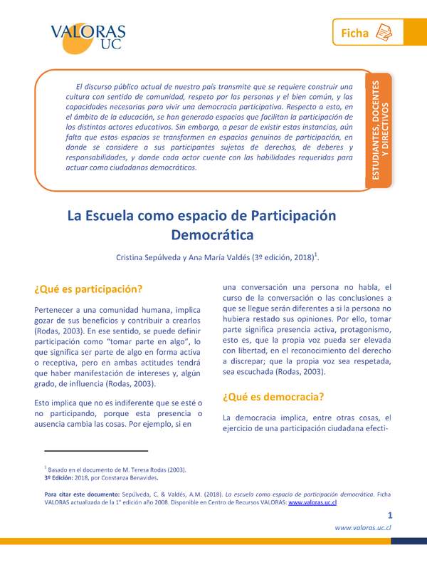 Escuela como espacio de participación democrática Orientación 1º Medio a 4º Medio