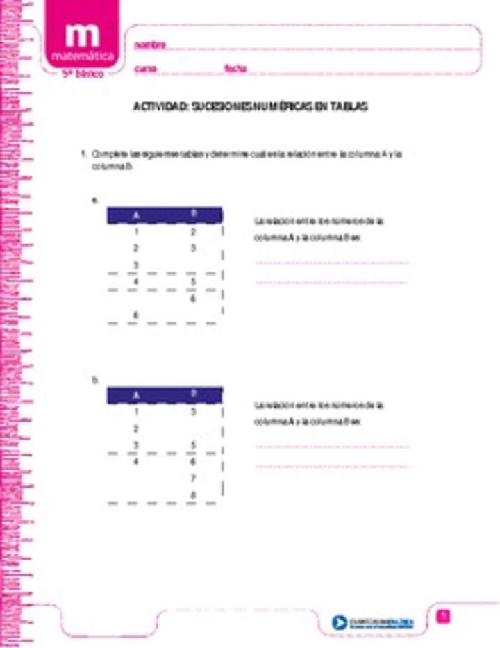 Sucesiones numéricas en tablas