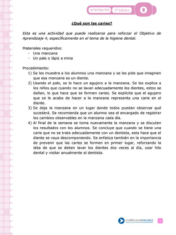 Actividad: Higiene bucal ¿Qué son las caries? Orientación 1º y 2º básico OA4