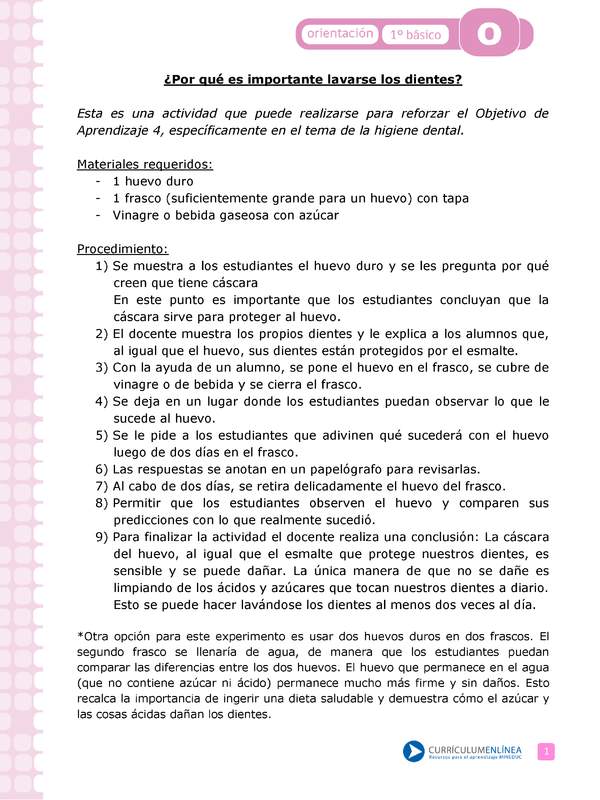 Actividad: Higiene bucal ¿Por qué es importante lavarse los dientes? Orientación 1º y 2º básico OA4