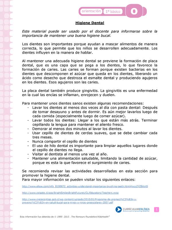 Actividad: Higiene dental Orientación 1º y 2º básico OA4