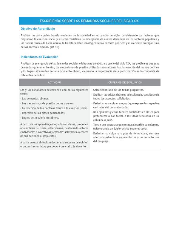 Evaluación Programas - HI1M OA18 - U2 - ESCRIBIENDO SOBRE LAS DEMANDAS SOCIALES DEL SIGLO XIX