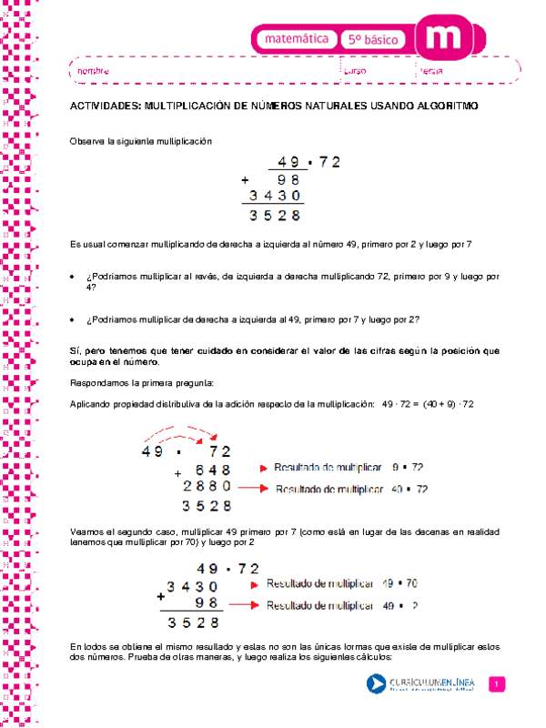 Multiplicación de números naturales usando algoritmo