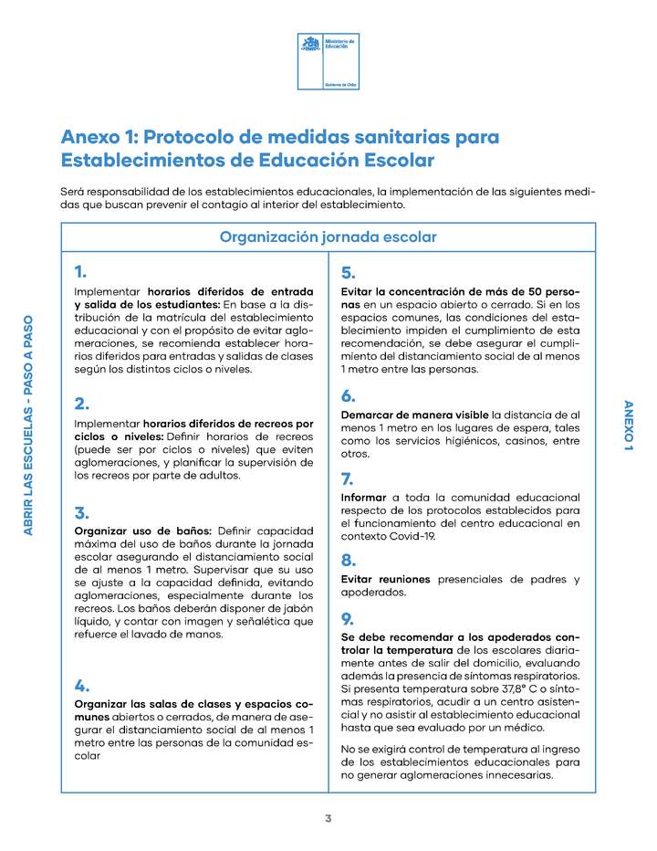 Anexo 1: Protocolo de medidas sanitarias para Establecimientos de Educación Escolar