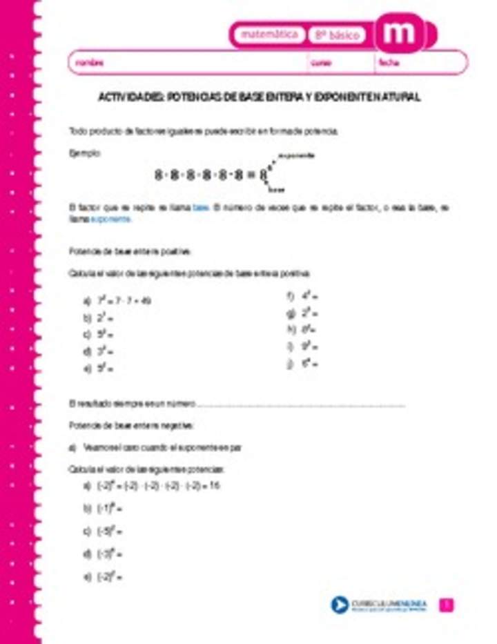 Potencias de base entera y exponente natural