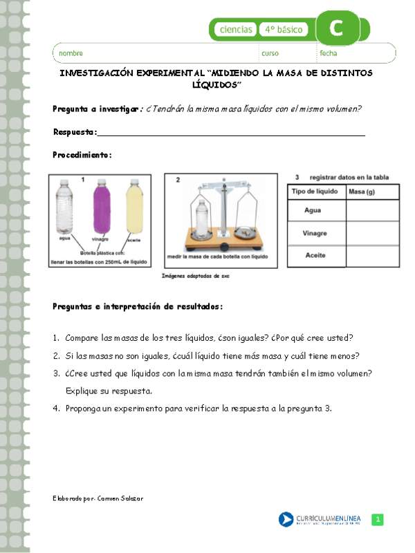 Midiendo la masa de distintos líquidos