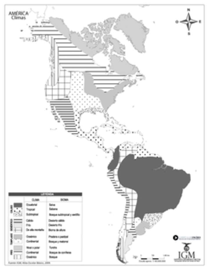 Mapa con los climas de América en blanco y negro