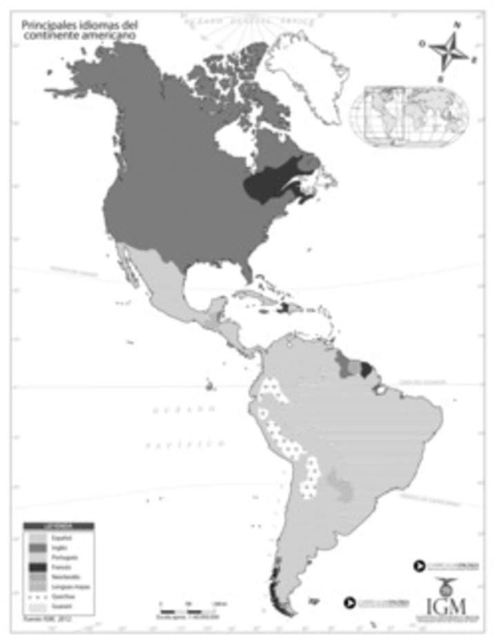 Mapa de América con los idiomas de cada región