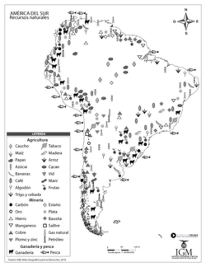 Mapa con los recursos naturales de América