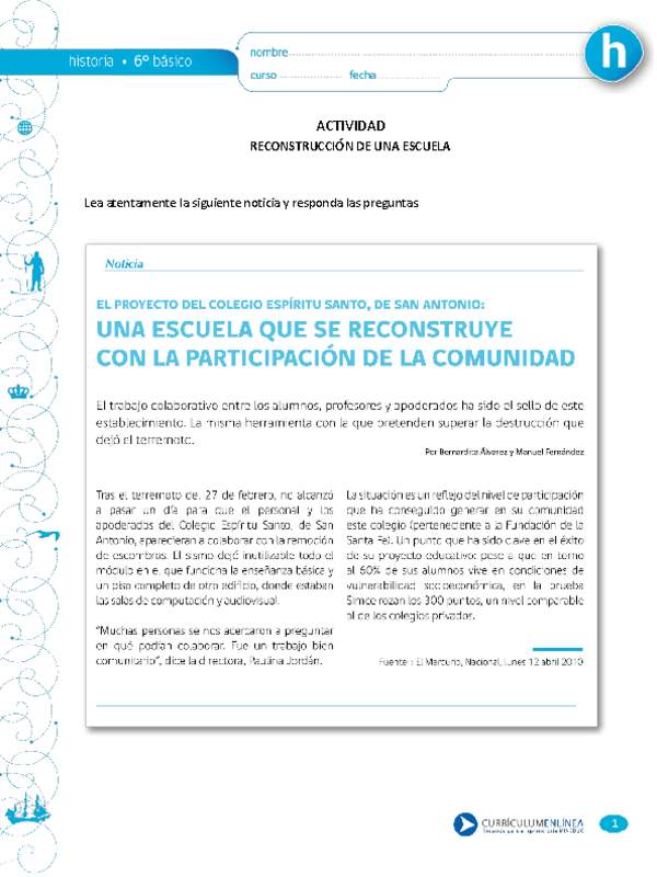 Actividad sobre la reconstrucción de una escuela