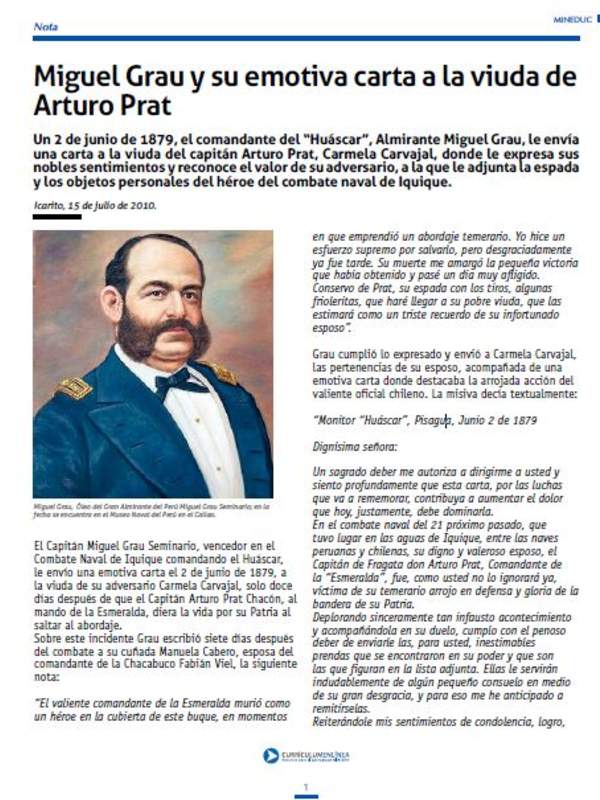 Miguel Grau y su emotiva carta a la viuda de Arturo Prat