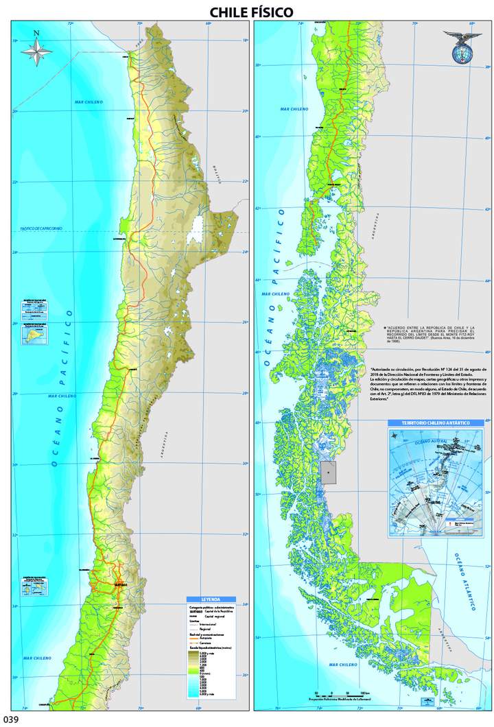 Mapa con el relieve de Chile