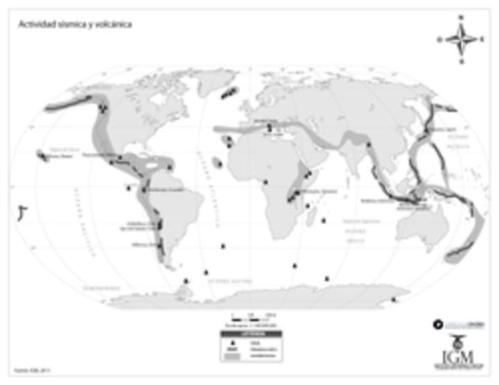 Mapa actividad sísmica y volcánica del mundo en blanco y negro