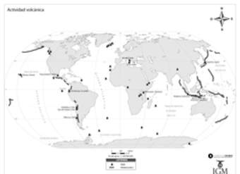 Mapa actividad volcánica en el mundo en blanco y negro