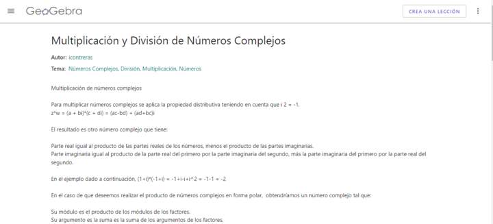 Geogebra: Multiplicación y División de Números Complejos