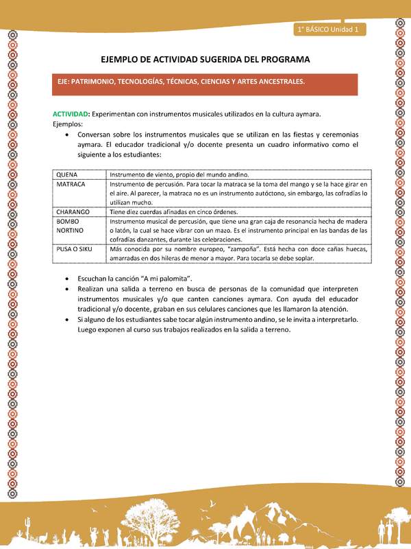 Actividad sugerida LC01 - Aymara - U01 - N°23: : Experimentan con instrumentos musicales utilizados en la cultura aymara
