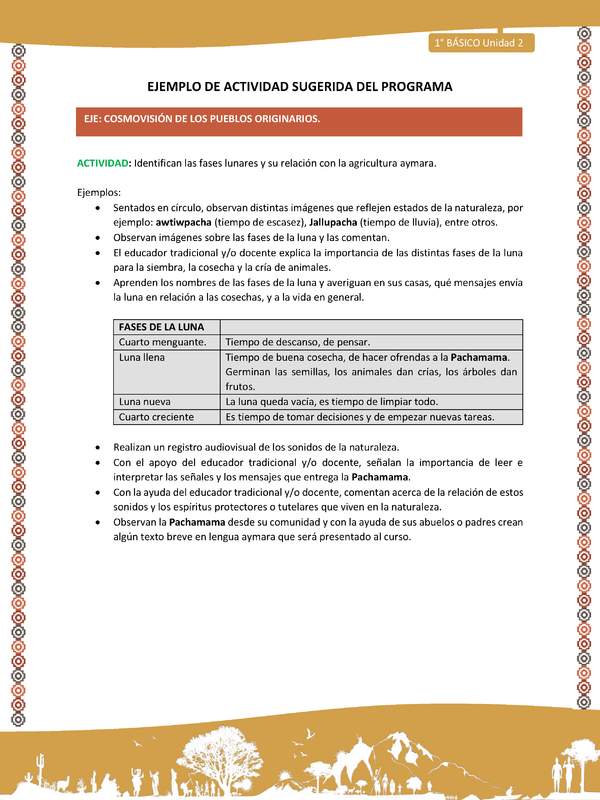 Actividad sugerida LC01 - Aymara - U02 - N°28: Identifican las fases lunares y su relación con la agricultura aymara