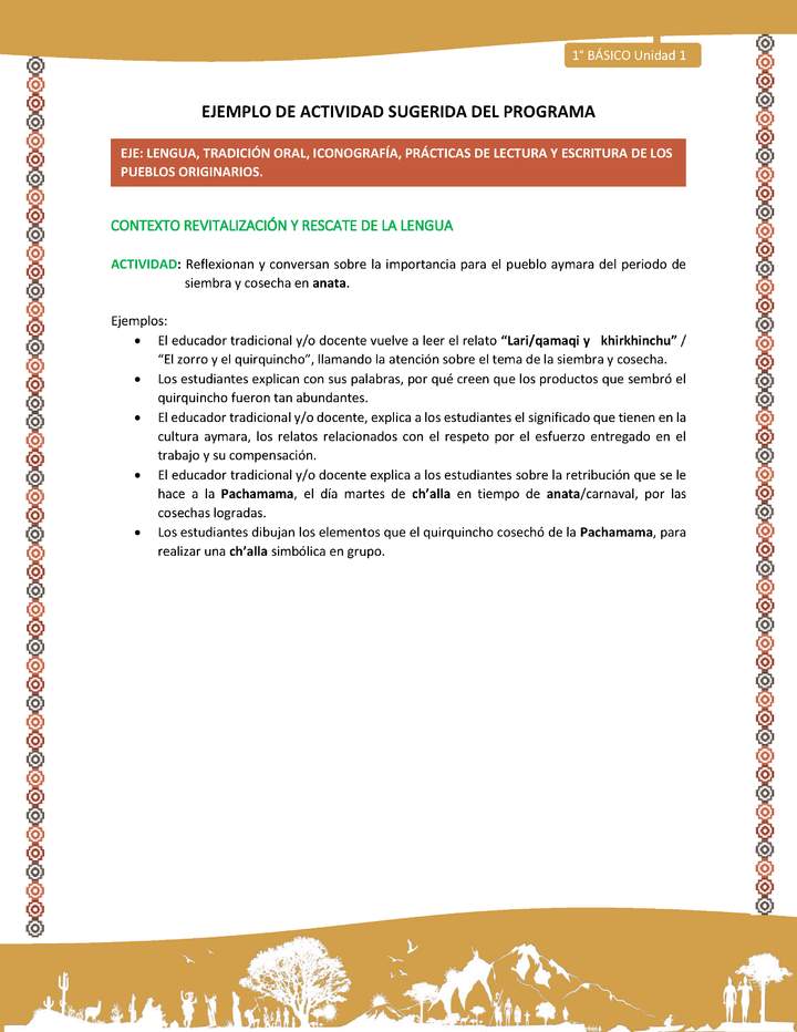 Actividad sugerida LC01 - Aymara - U01 - N°6: Reflexionan y conversan sobre la importancia para el pueblo aymara del periodo de siembra y cosecha en anata.