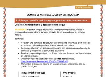 Actividad sugerida LC01 - Aymara - U03 - N°09: : Realizan juegos de palabras, incorporando palabras, frases y oraciones breves en idioma aymara, a través de un recorrido por su entorno natural.