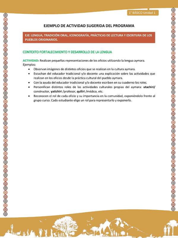 Actividad sugerida LC01 - Aymara - U01 - N°11: Realizan pequeñas representaciones de los oficios utilizando la lengua aymara